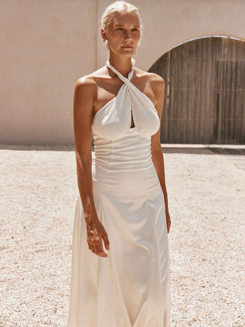 Strapless Twist Halter Maxi Dress in White